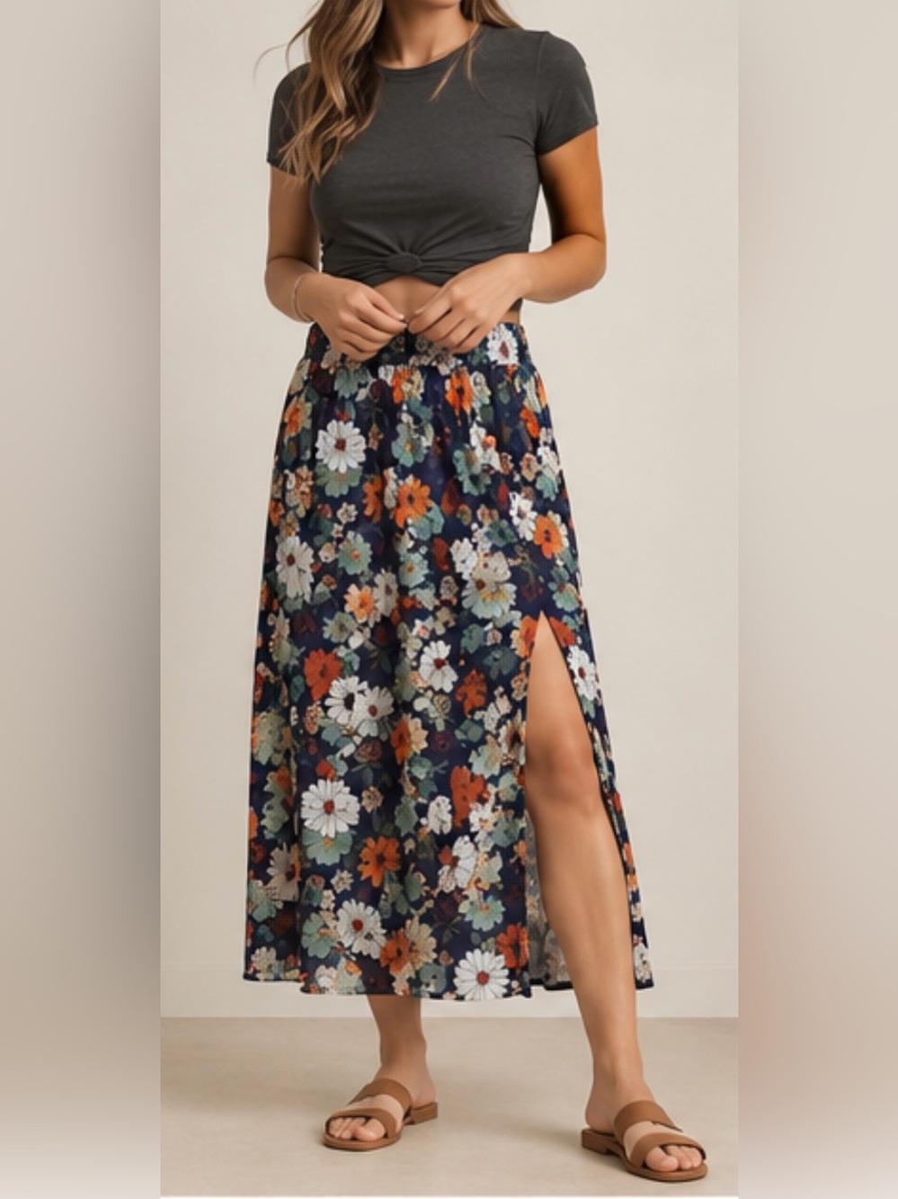 Natural Life Floral Midi Skirt L NWOT Navy Orange Teal Boho